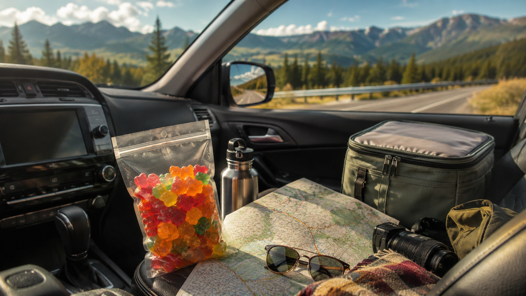 Road trip gummies packed with snacks for a scenic road trip