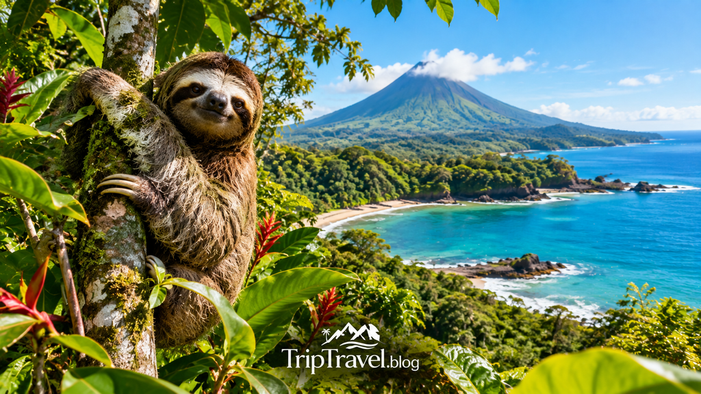 best time to visit Costa Rica with sloth, rainforest, volcano, and tropical coastline