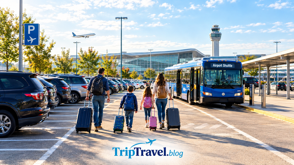 airport parking area with family travelers and airport shuttle
