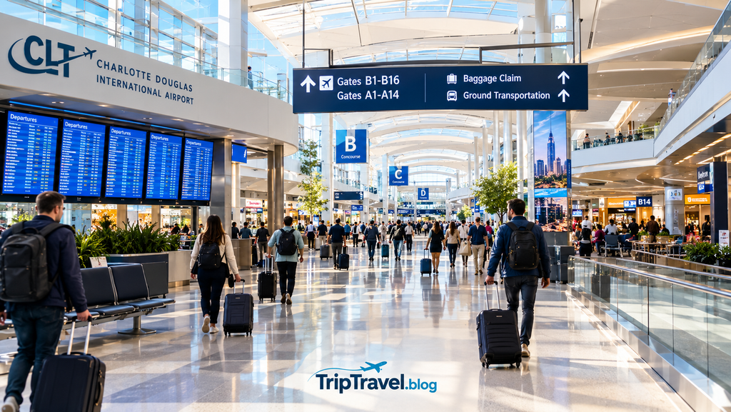 charlotte airport map concept showing connected concourses and airport navigation at CLT with TripTravel.blog