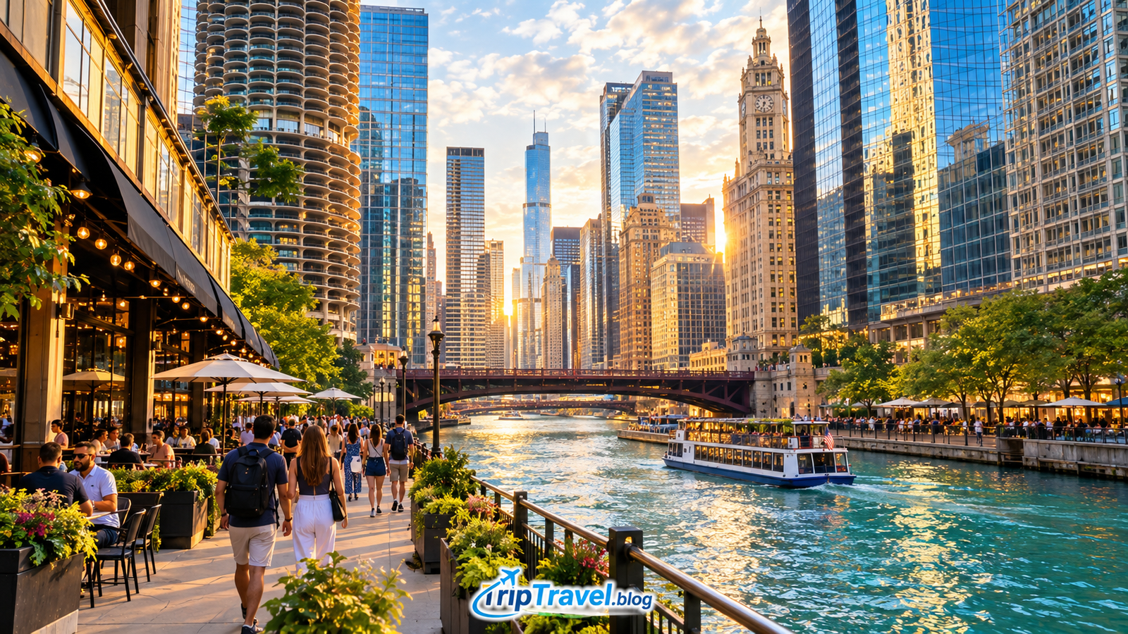 Things to do in Chicago featuring the Chicago Riverwalk downtown architecture restaurants and travelers exploring the city