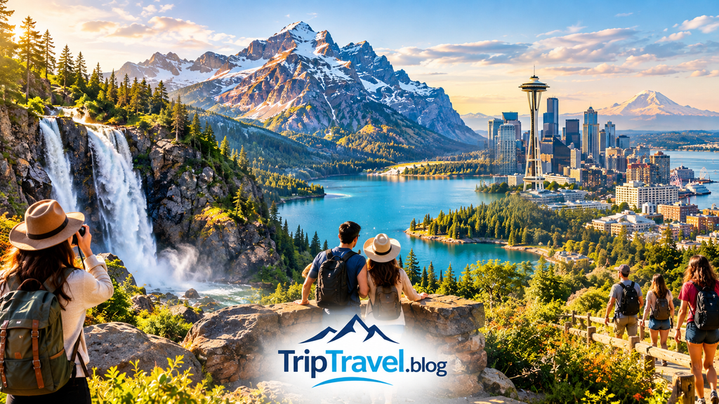 Tourist attractions in America featuring national parks scenic landscapes city landmarks and travelers enjoying a USA vacation