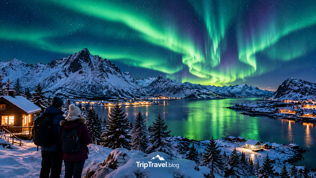 Best places to see northern lights above a beautiful Arctic fjord with snow covered mountains and travelers enjoying the aurora