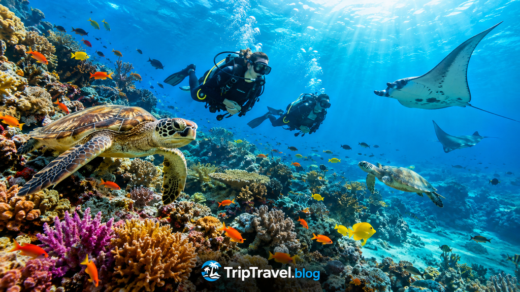 Best places to scuba dive featuring scuba divers exploring a colorful tropical coral reef