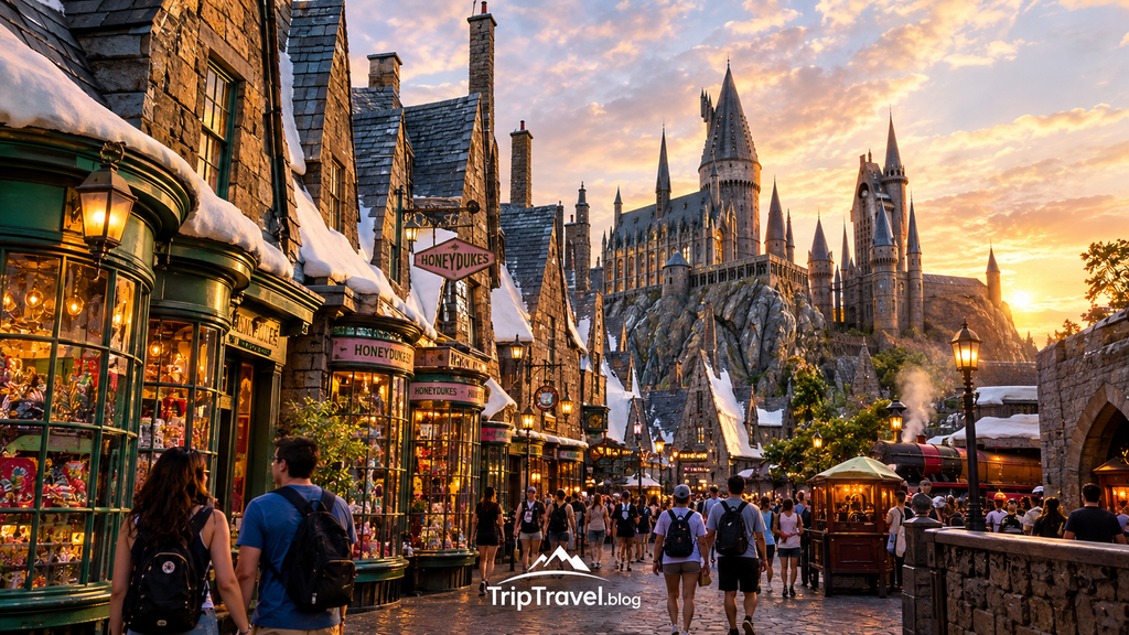 Island of Adventure Hogsmeade Harry Potter themed village with visitors and magical castle scenery