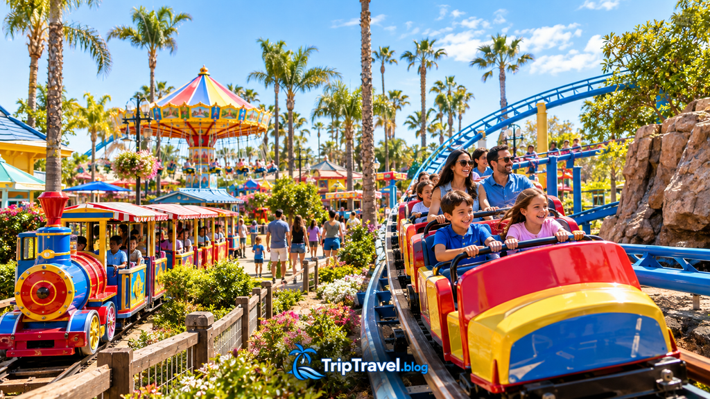 Adventure City Anaheim family amusement park with colorful rides and roller coaster