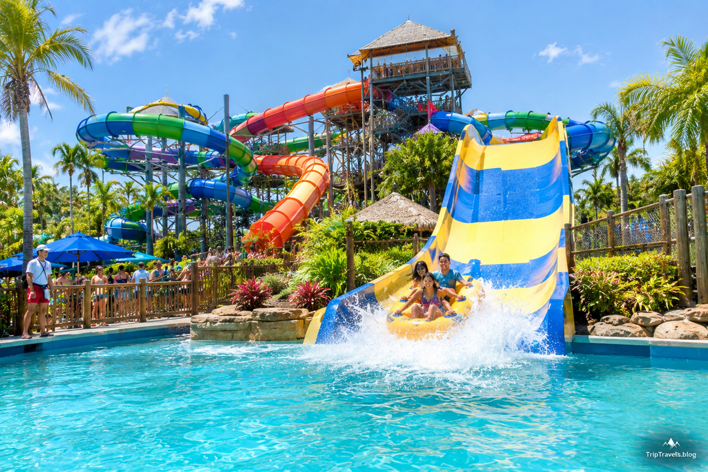Adventure Island Tampa Bay Florida water slide attraction with families enjoying a sunny day