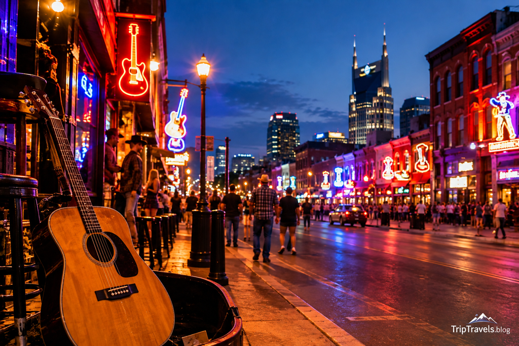 Things to Do in Nashville featuring the Nashville skyline at sunset