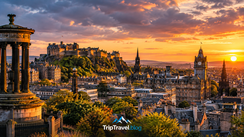 Best places to visit in Scotland featuring Edinburgh Castle, historic Old Town, and Edinburgh cityscape at sunset.